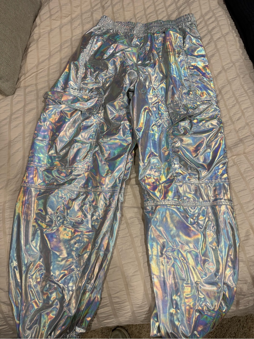 Holographic Silver Cargo Jogger Pants